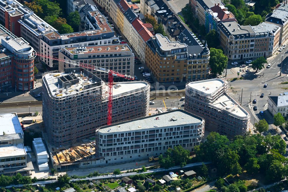 Luftbild Leipzig - Neubau einer Mehrfamilienhaus-Wohnanlage an der Prager Straße Ecke Johannisallee in Leipzig im Bundesland Sachsen, Deutschland