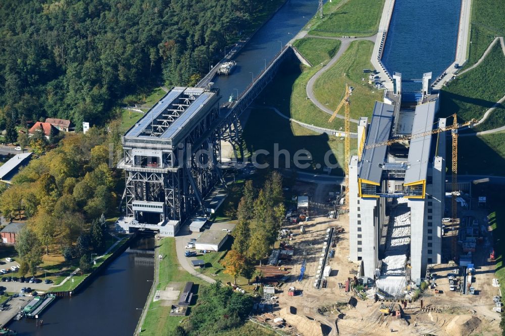 Niederfinow von oben - Neubau des Schiffshebewerk Niederfinow am Finowkanal im Bundesland Brandenburg