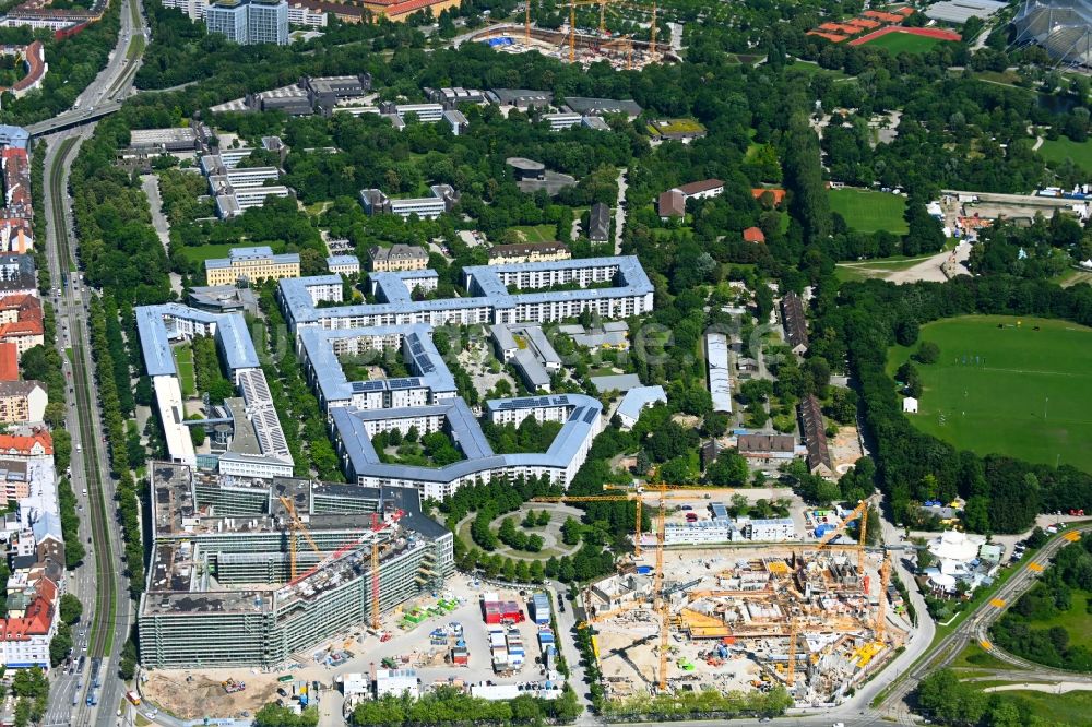 Luftaufnahme München - Neubau eines Strafjustizzentrum und Wohnviertel Südliches Oberwiesenfeld in München im Bundesland Bayern, Deutschland