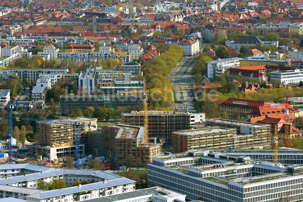 Luftaufnahme München - Neubau Wohn- und Geschäftshaus Viertel Südliches Oberwiesenfeld am Rosa-Luxemburg-Platz in München im Bundesland Bayern, Deutschland