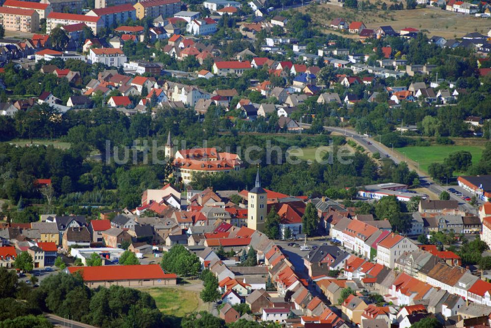 Jessen (Elster) aus der Vogelperspektive: Ortsansicht Jessen mit Blick auf die Pfarrkirche St. Nikolai und das Schloss Jessen