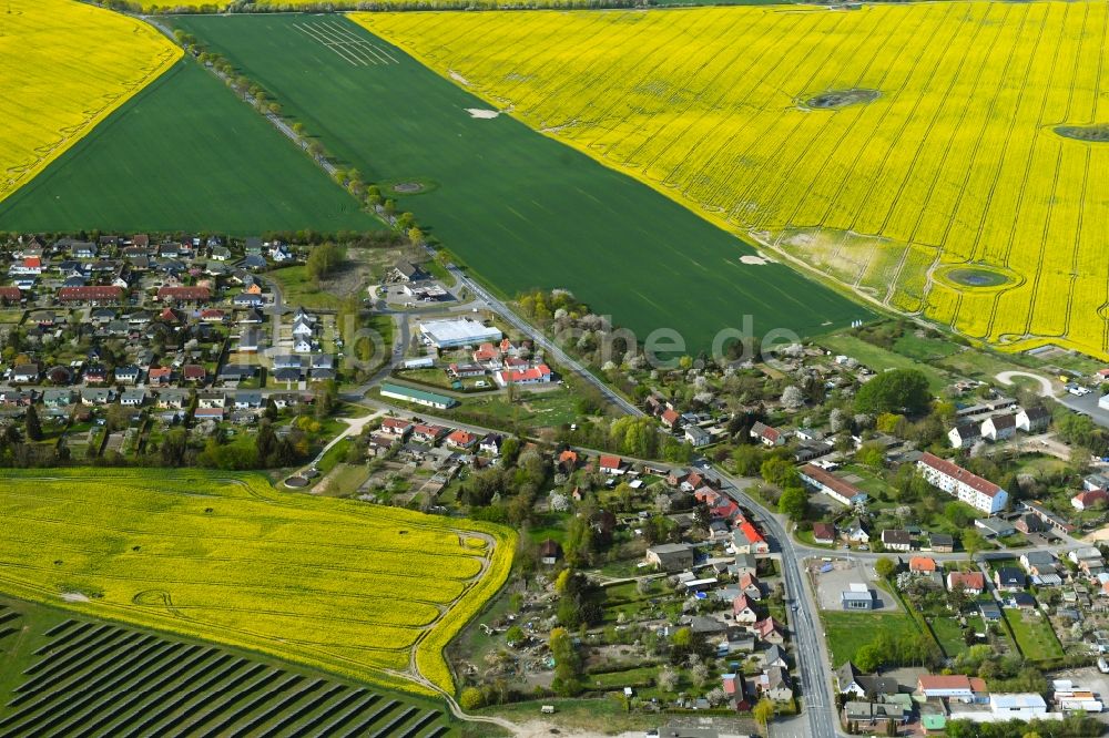 Luftaufnahme Kritzkow - Ortsansicht am Rande von blühenden Rapsfeldern in Kritzkow im Bundesland Mecklenburg-Vorpommern, Deutschland