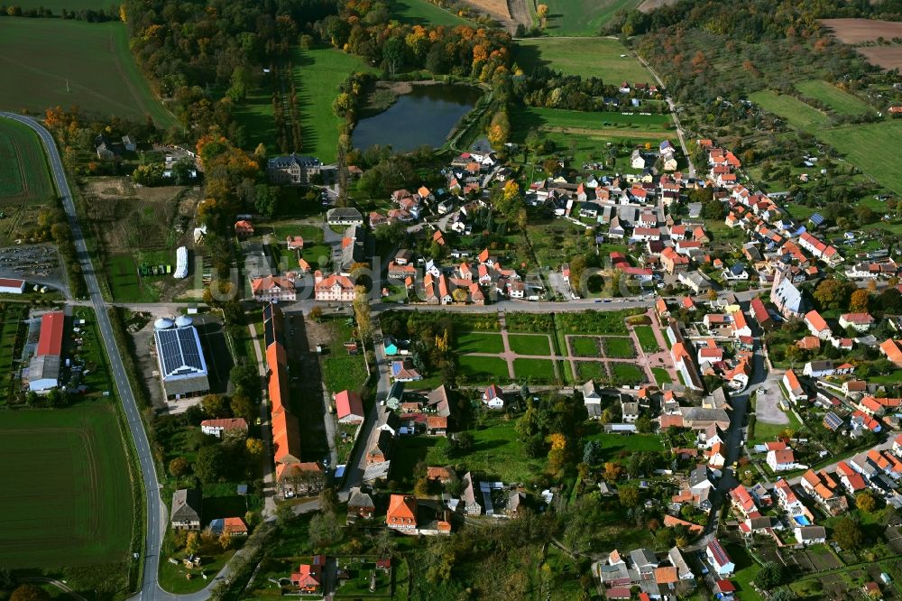 Bendeleben aus der Vogelperspektive: Ortsansicht am Rande von landwirtschaftlichen Feldern in Bendeleben im Bundesland Thüringen, Deutschland