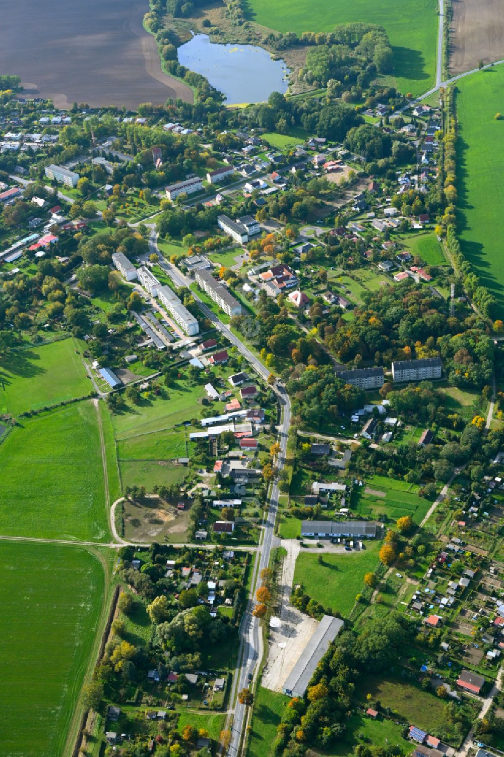 Prenzlau aus der Vogelperspektive: Ortsansicht am Rande von landwirtschaftlichen Feldern von Dedelow im Bundesland Brandenburg, Deutschland