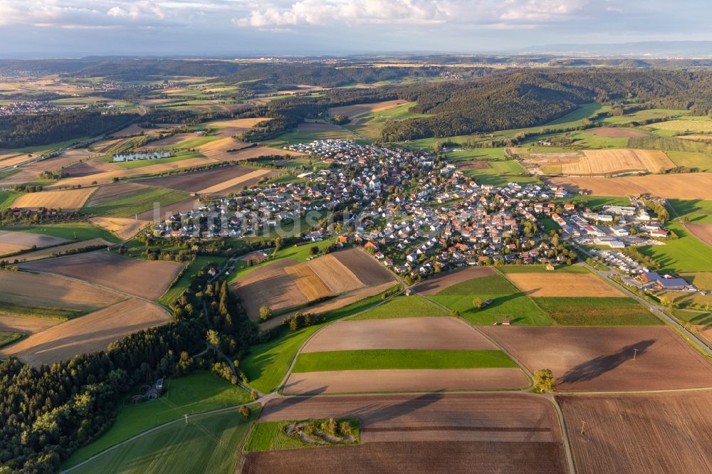 Dietingen aus der Vogelperspektive: Ortsansicht am Rande von landwirtschaftlichen Feldern in Dietingen im Bundesland Baden-Württemberg, Deutschland