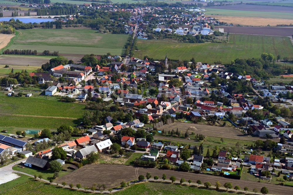 Drosa aus der Vogelperspektive: Ortsansicht am Rande von landwirtschaftlichen Feldern in Drosa im Bundesland Sachsen-Anhalt, Deutschland