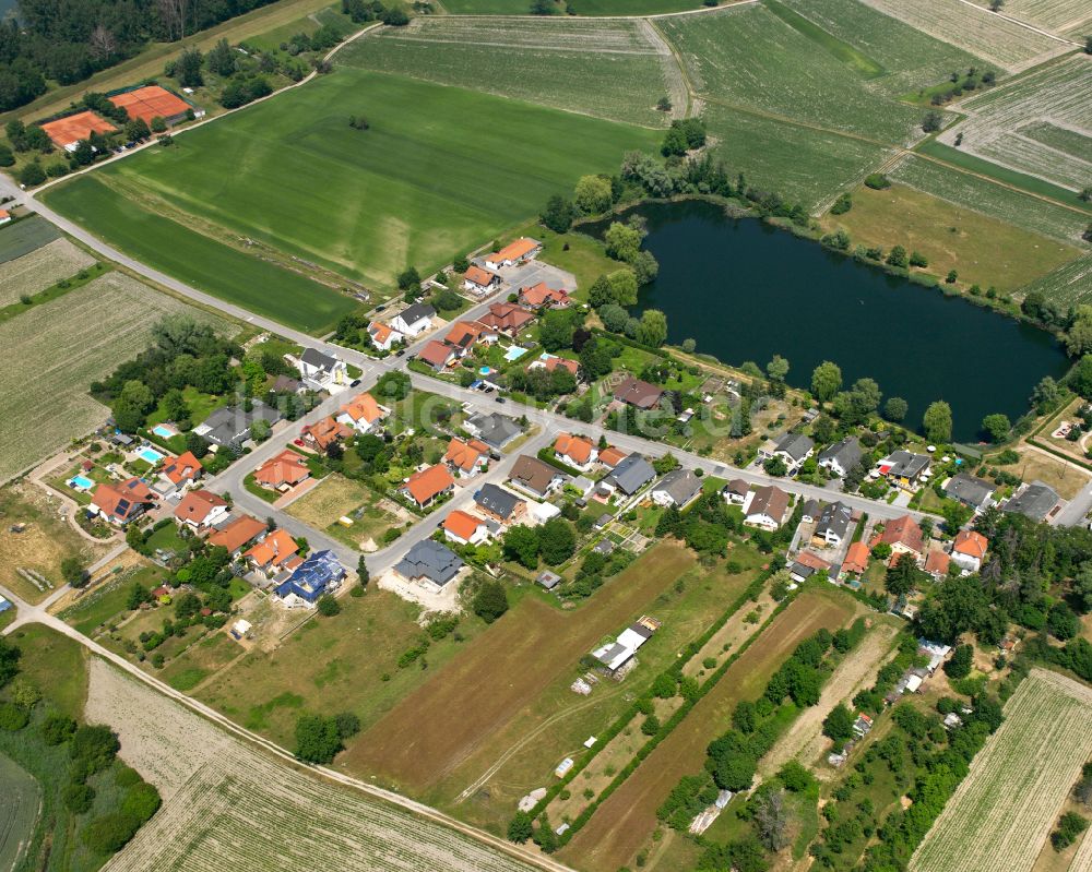 Luftaufnahme Philippsburg - Ortsansicht am Rande von landwirtschaftlichen Feldern mit einem See in Philippsburg im Bundesland Baden-Württemberg, Deutschland