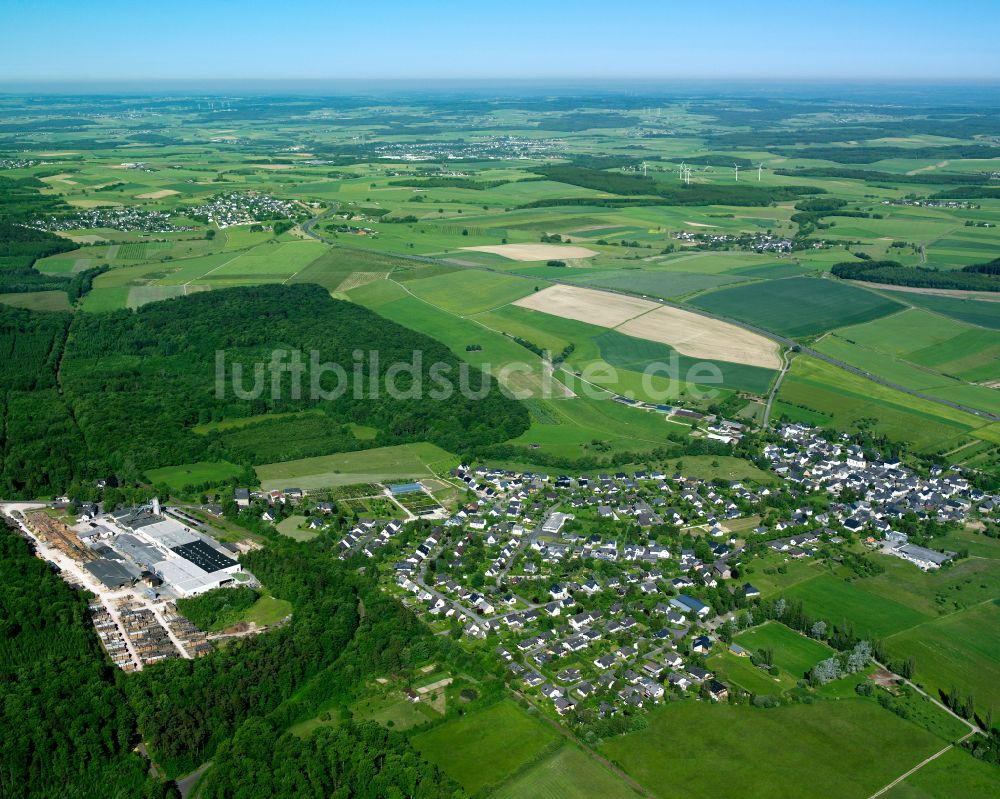 Ellern (Hunsrück) aus der Vogelperspektive: Ortsansicht am Rande von landwirtschaftlichen Feldern in Ellern (Hunsrück) im Bundesland Rheinland-Pfalz, Deutschland