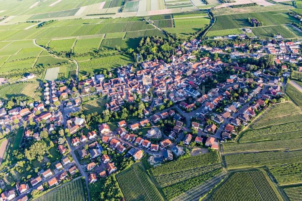 Luftaufnahme Großkarlbach - Ortsansicht am Rande von landwirtschaftlichen Feldern in Großkarlbach im Bundesland Rheinland-Pfalz, Deutschland