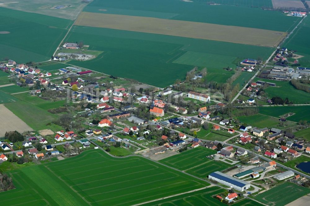 Hohenselchow von oben - Ortsansicht am Rande von landwirtschaftlichen Feldern in Hohenselchow im Bundesland Brandenburg, Deutschland