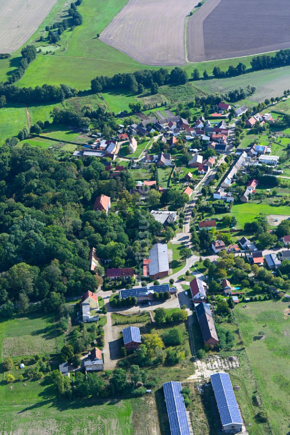 Isterbies aus der Vogelperspektive: Ortsansicht am Rande von landwirtschaftlichen Feldern in Isterbies im Bundesland Sachsen-Anhalt, Deutschland