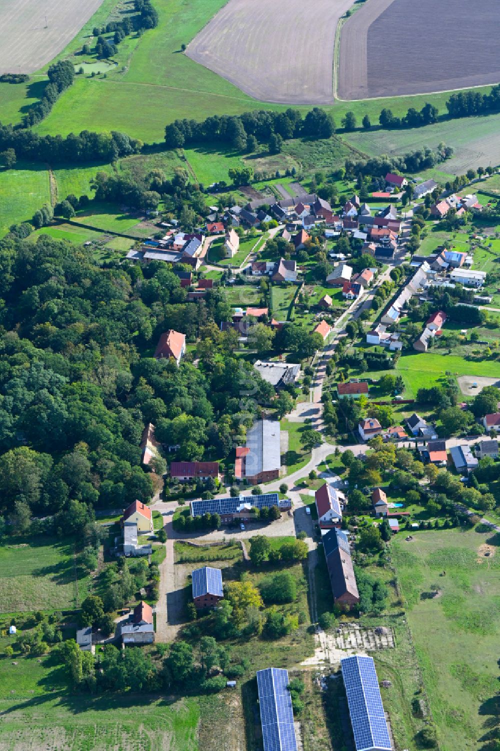 Luftbild Isterbies - Ortsansicht am Rande von landwirtschaftlichen Feldern in Isterbies im Bundesland Sachsen-Anhalt, Deutschland