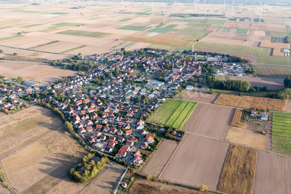 Luftaufnahme Knittelsheim - Ortsansicht am Rande von landwirtschaftlichen Feldern in Knittelsheim im Bundesland Rheinland-Pfalz, Deutschland