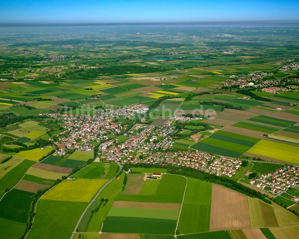 Mietingen aus der Vogelperspektive: Ortsansicht am Rande von landwirtschaftlichen Feldern in Mietingen im Bundesland Baden-Württemberg, Deutschland