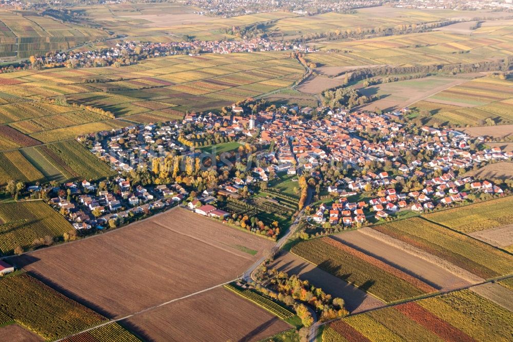 Mörzheim aus der Vogelperspektive: Ortsansicht am Rande von landwirtschaftlichen Feldern in Mörzheim im Bundesland Rheinland-Pfalz, Deutschland