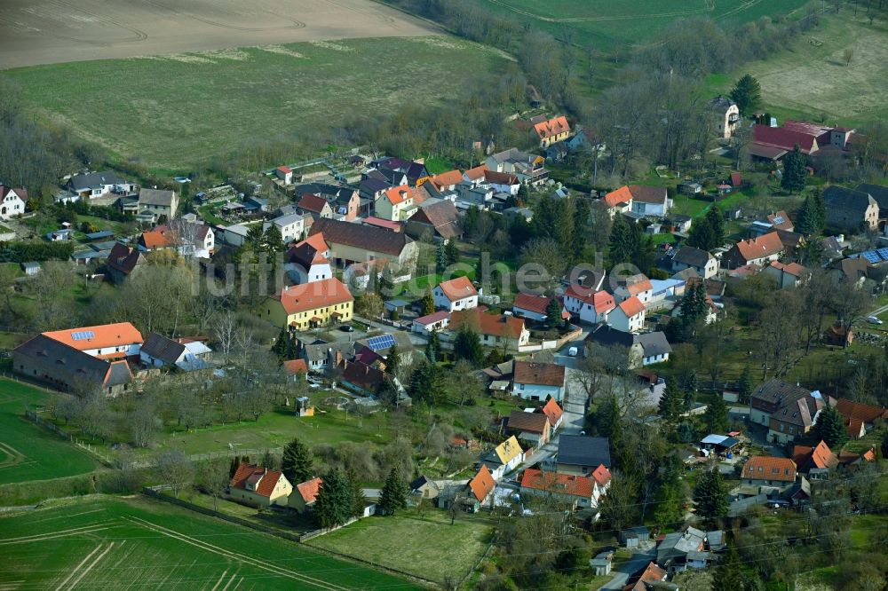 Pretitz aus der Vogelperspektive: Ortsansicht am Rande von landwirtschaftlichen Feldern in Pretitz im Bundesland Sachsen-Anhalt, Deutschland