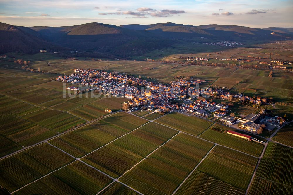 Luftaufnahme Rhodt unter Rietburg - Ortsansicht am Rande von landwirtschaftlichen Feldern in Rhodt unter Rietburg im Bundesland Rheinland-Pfalz, Deutschland