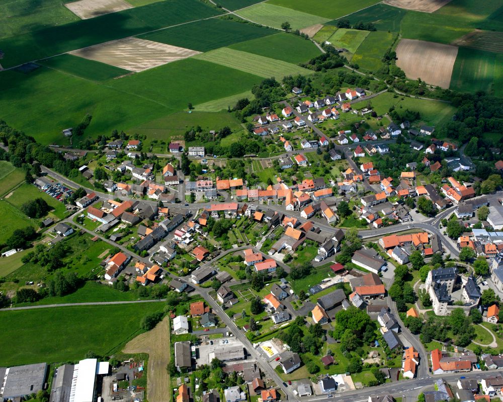 Romrod von oben - Ortsansicht am Rande von landwirtschaftlichen Feldern in Romrod im Bundesland Hessen, Deutschland