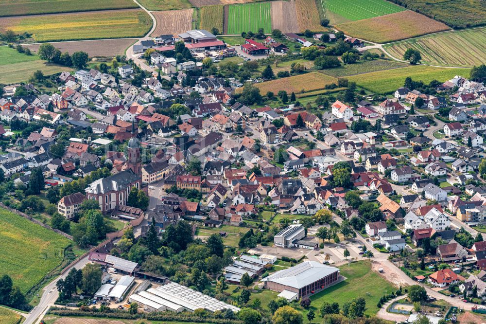 Schuttern von oben - Ortsansicht am Rande von landwirtschaftlichen Feldern in Schuttern im Bundesland Baden-Württemberg, Deutschland