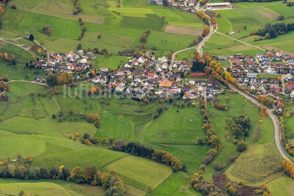 Luftaufnahme Wittnau - Ortsansicht am Rande von landwirtschaftlichen Feldern in Wittnau im Bundesland Baden-Württemberg, Deutschland