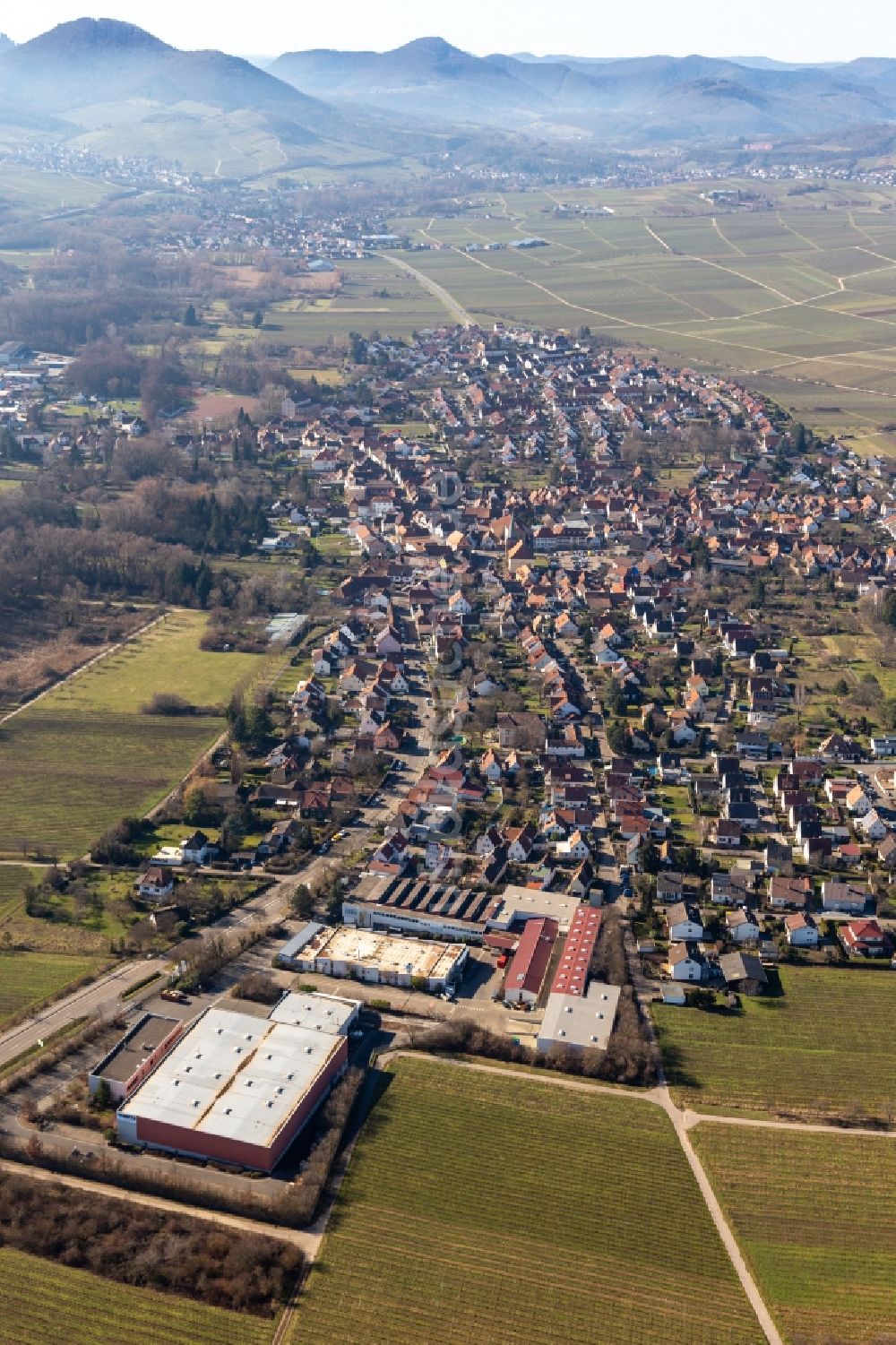 Godramstein von oben - Ortsbereich am Pfälzer Weinbaugebiet südliche Weinstraße in Godramstein im Bundesland Rheinland-Pfalz, Deutschland