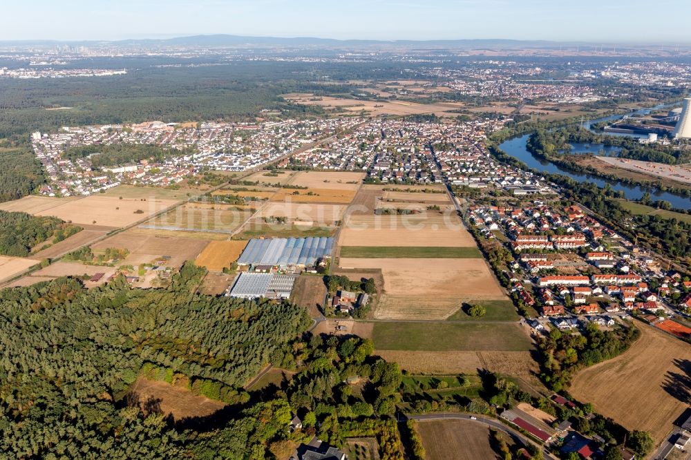 Hainburg von oben - Ortschaft an den Fluss- Uferbereichen in Hainburg im Bundesland Hessen, Deutschland