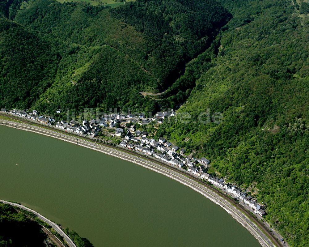 Hirzenach von oben - Ortskern am Uferbereich des Rhein - Flußverlaufes in Hirzenach im Bundesland Rheinland-Pfalz, Deutschland
