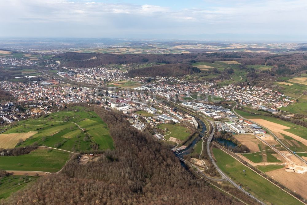 Luftaufnahme Lörrach - Ortsteile Brombach, Haagen und Hauingen im Wiese Tal in Lörrach im Bundesland Baden-Württemberg, Deutschland