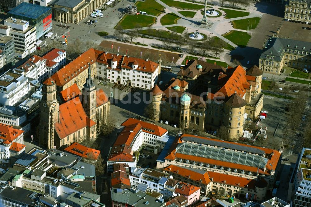 Luftaufnahme Stuttgart - Palais des Schloss Altes Schloss am Schillerplatz in Stuttgart im Bundesland Baden-Württemberg, Deutschland