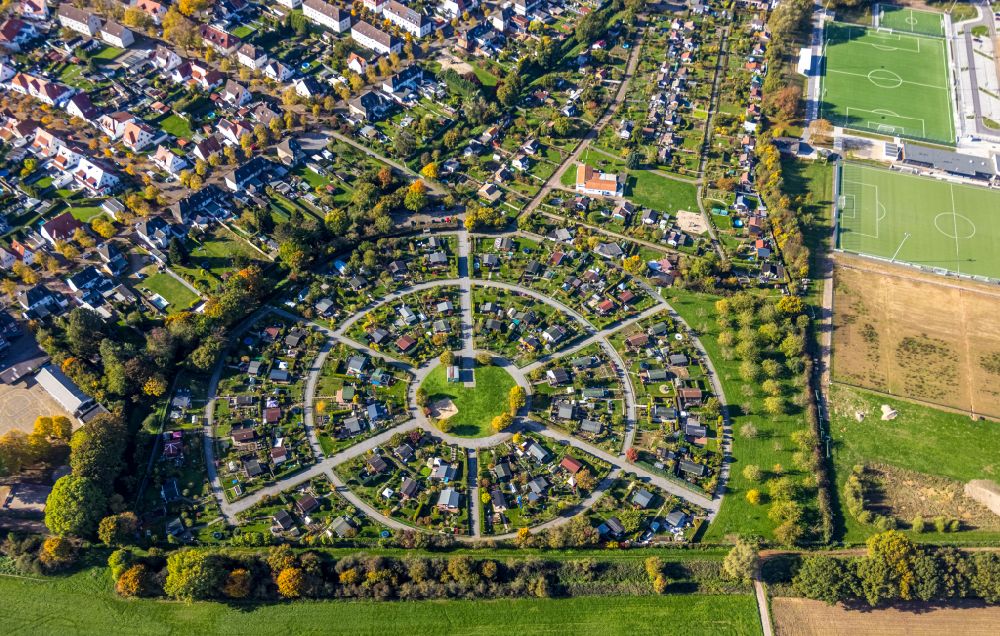 Kamp-Lintfort aus der Vogelperspektive: Parzellen einer Kleingartenanlage in Kamp-Lintfort im Bundesland Nordrhein-Westfalen