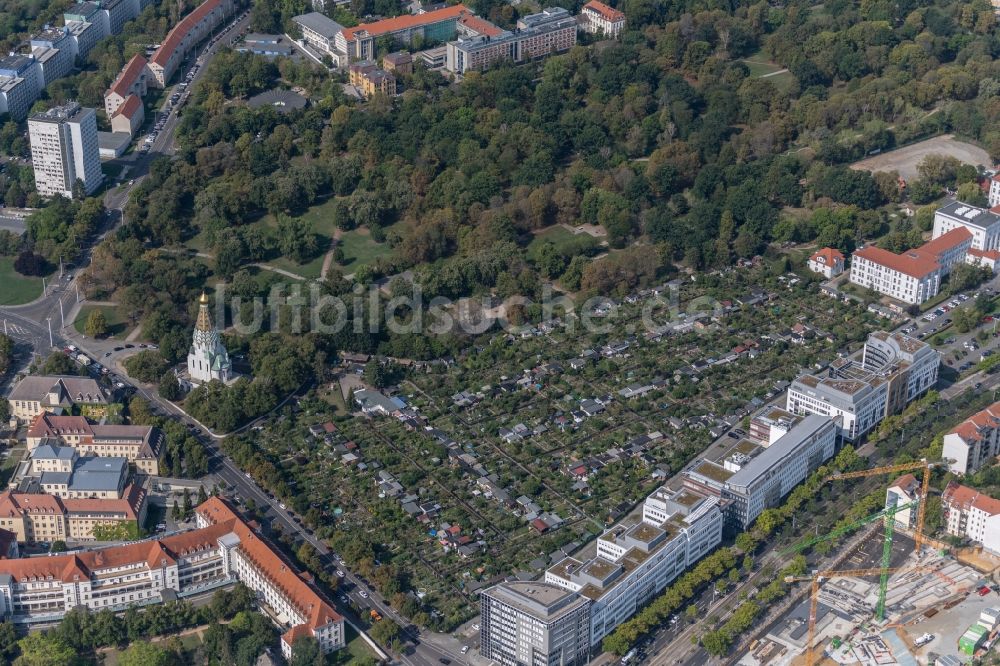 Leipzig von oben - Parzellen einer Kleingartenanlage an der Semmelweisstraße in Leipzig im Bundesland Sachsen, Deutschland