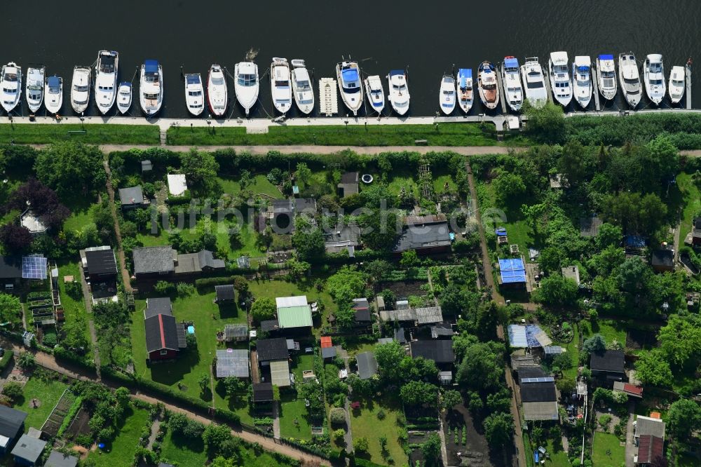 Lübeck von oben - Parzellen einer Kleingartenanlage am Ufer Alte Trave im Ortsteil Sankt Lorenz Süd in Lübeck im Bundesland Schleswig-Holstein, Deutschland