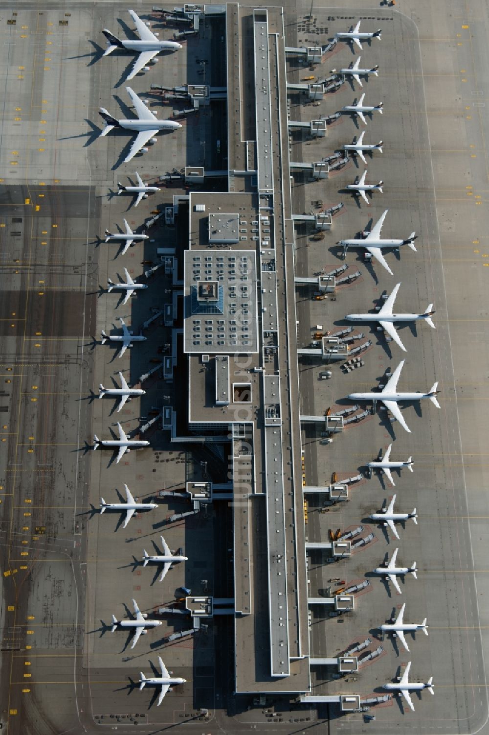 München von oben - Passagierflugzeuge krisenbedingt stillgelegt auf den Parkpositionen und Abstellfläche auf dem Flughafen in München im Bundesland Bayern, Deutschland