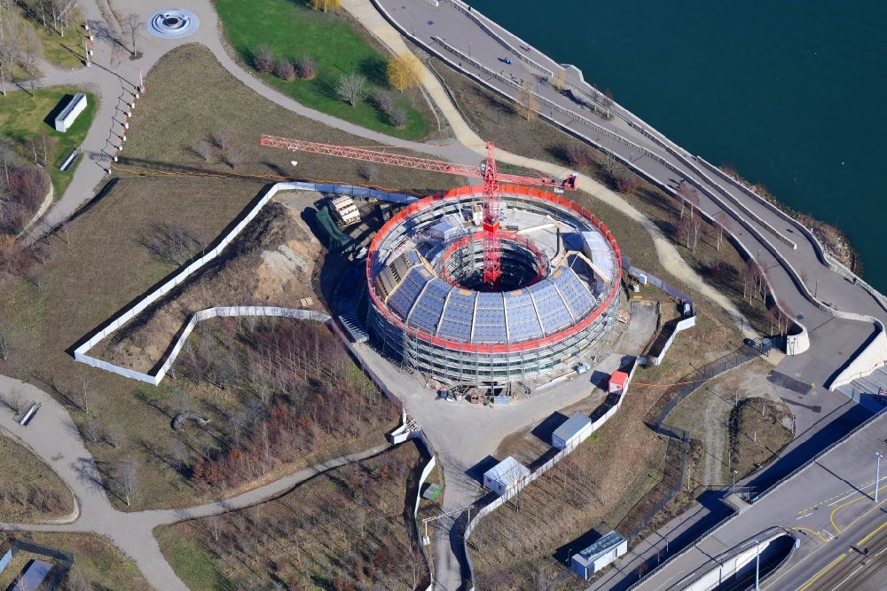 Luftaufnahme Basel - Pavillion Erweiterungs- Neubau am Rhein- Ufer im Ortsteil Sankt Johann in Basel, Schweiz