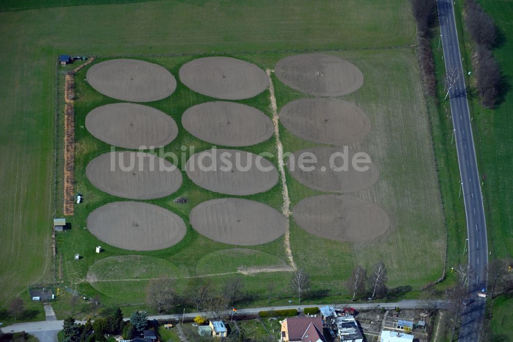 Luftaufnahme Eiche - Pivot- Bewässerungsanlage auf landwirtschaftlichen Feldern in Eiche im Bundesland Brandenburg, Deutschland