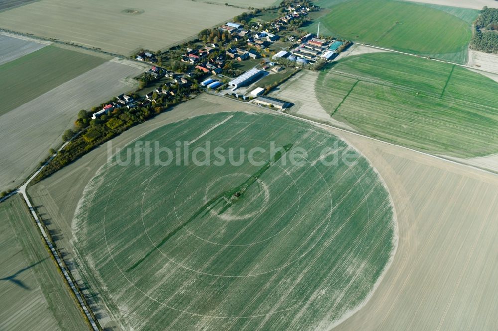 Luftaufnahme Feldheim - Pivot- Bewässerungsanlage auf landwirtschaftlichen Feldern in Feldheim im Bundesland Brandenburg, Deutschland