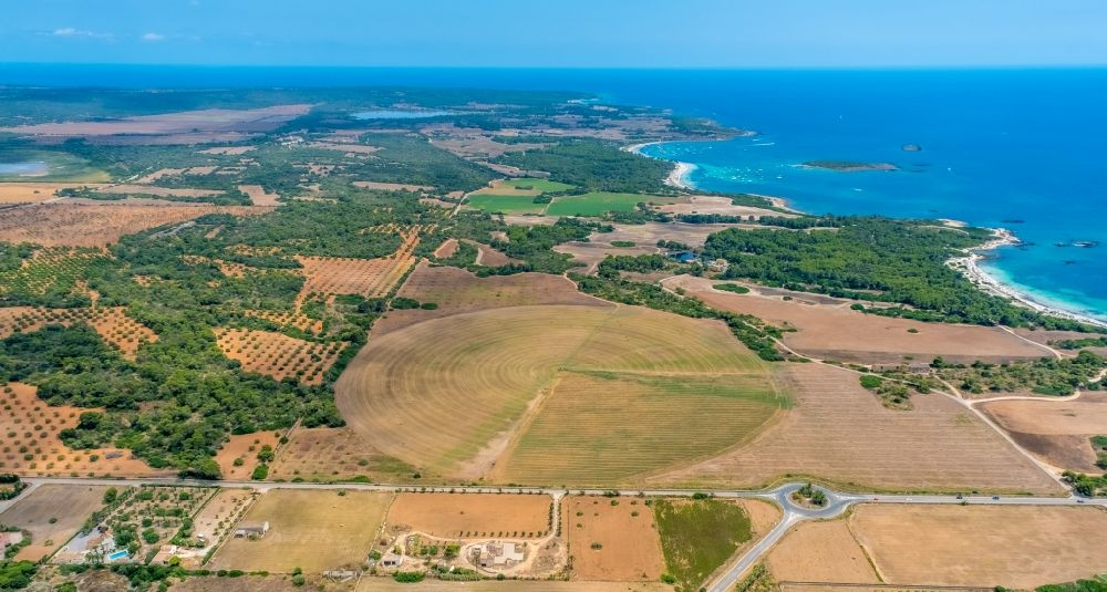 Luftaufnahme Ses Salines - Pivot- Bewässerungsanlage auf landwirtschaftlichen Feldern in Ses Salines in Balearische Insel Mallorca, Spanien