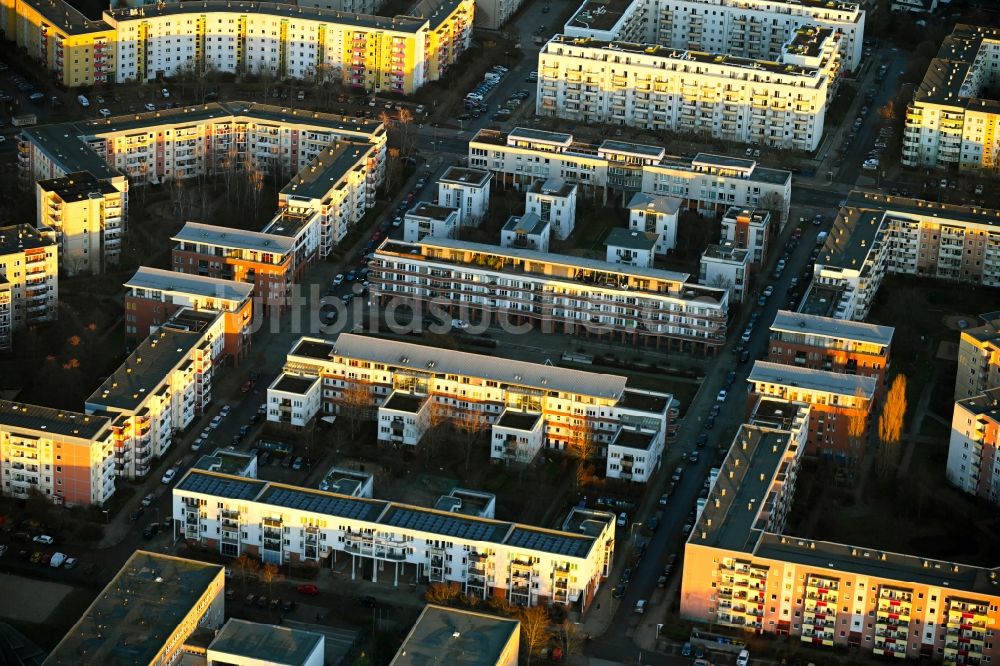 Luftaufnahme Berlin - Plattenbau- Hochhaus- Wohnsiedlung Branitzer Karree in Berlin, Deutschland