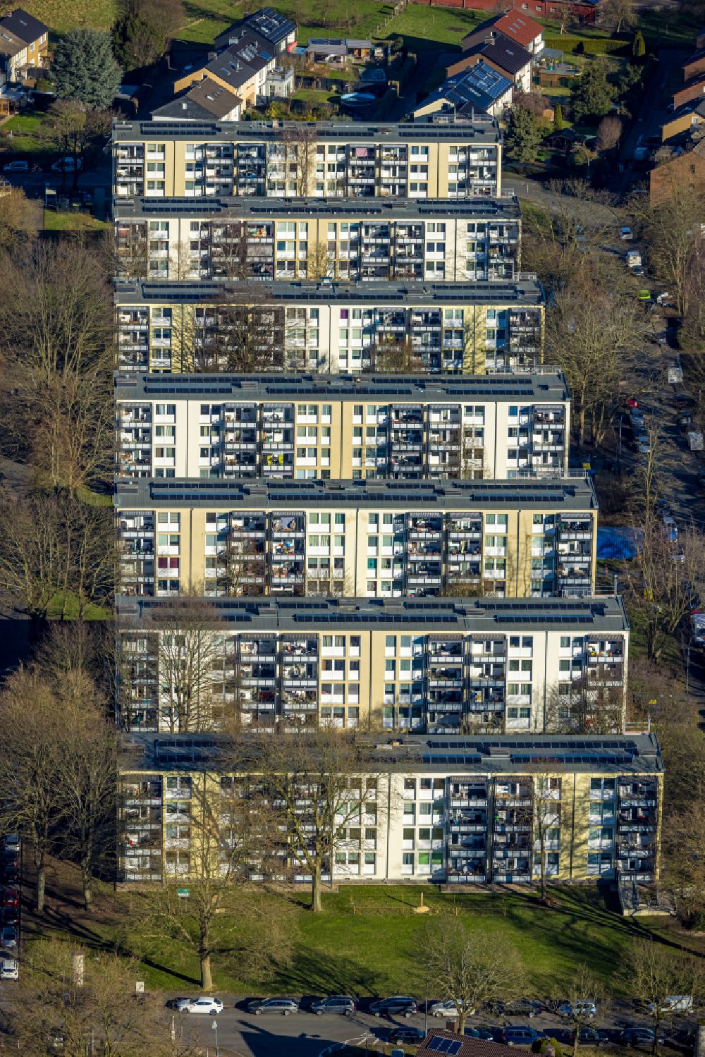 Luftaufnahme Castrop-Rauxel - Plattenbau- Hochhaus- Wohnsiedlung in Castrop-Rauxel im Bundesland Nordrhein-Westfalen, Deutschland