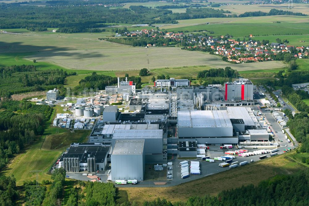 Luftaufnahme Wachau - Produktionsanlagen des Unternehmens Sachsenmilch im Ortsteil Leppersdorf in Wachau im Bundesland Sachsen