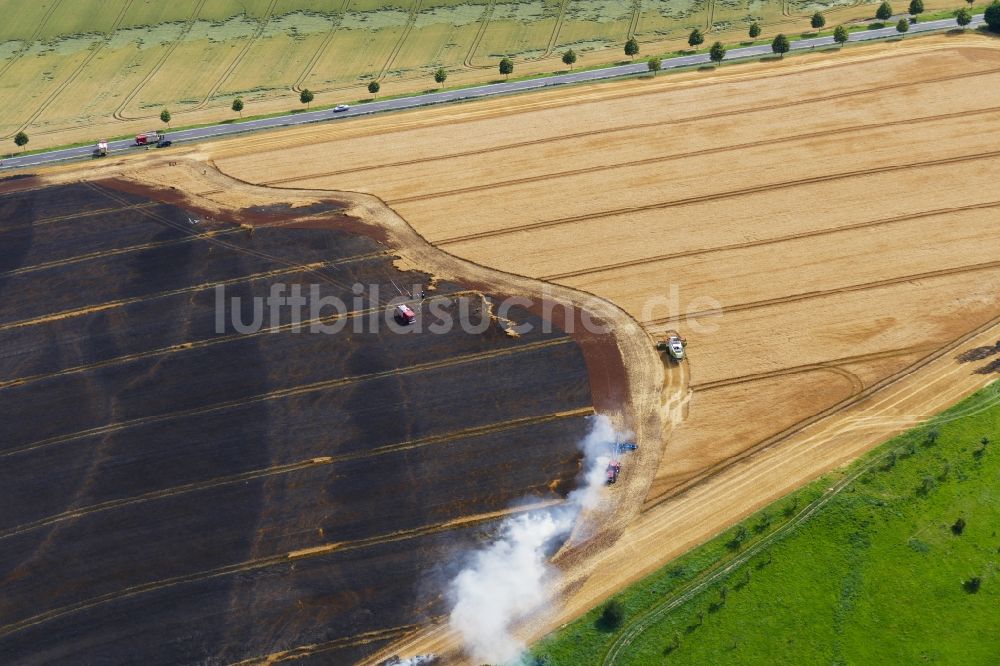 Luftaufnahme Leinefelde-Worbis - Rauch- und Flammenbildung während der Löscharbeiten zum Brand eines Getreidefeldes in Leinefelde-Worbis im Bundesland Thüringen