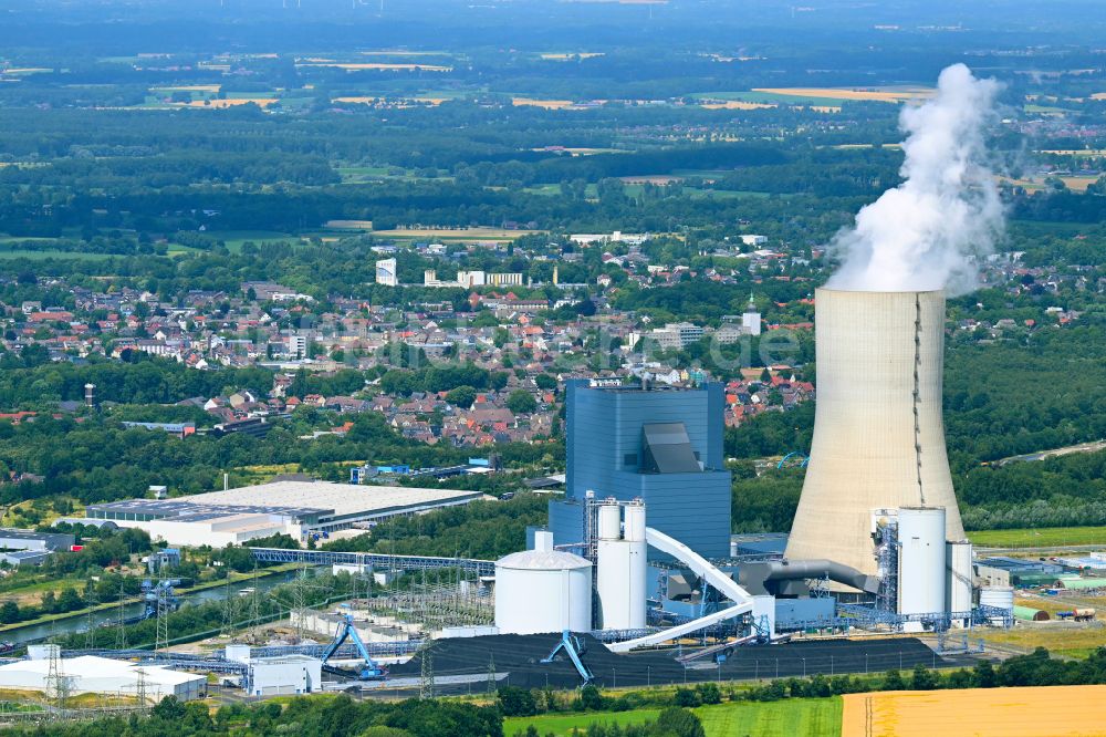 Luftbild Datteln - Rauchfahne des Kohle- Heizkraftwerkes Datteln 4 Uniper Kraftwerk in Datteln im Bundesland Nordrhein-Westfalen, Deutschland