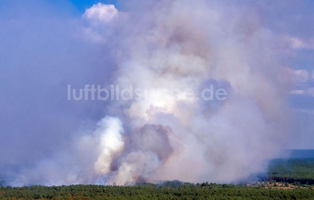Lübtheen von oben - Rauchschwaden eines Brandes im Baumbestand eines Waldgebietes im Ortsteil Brömsenberg in Lübtheen im Bundesland Mecklenburg-Vorpommern, Deutschland