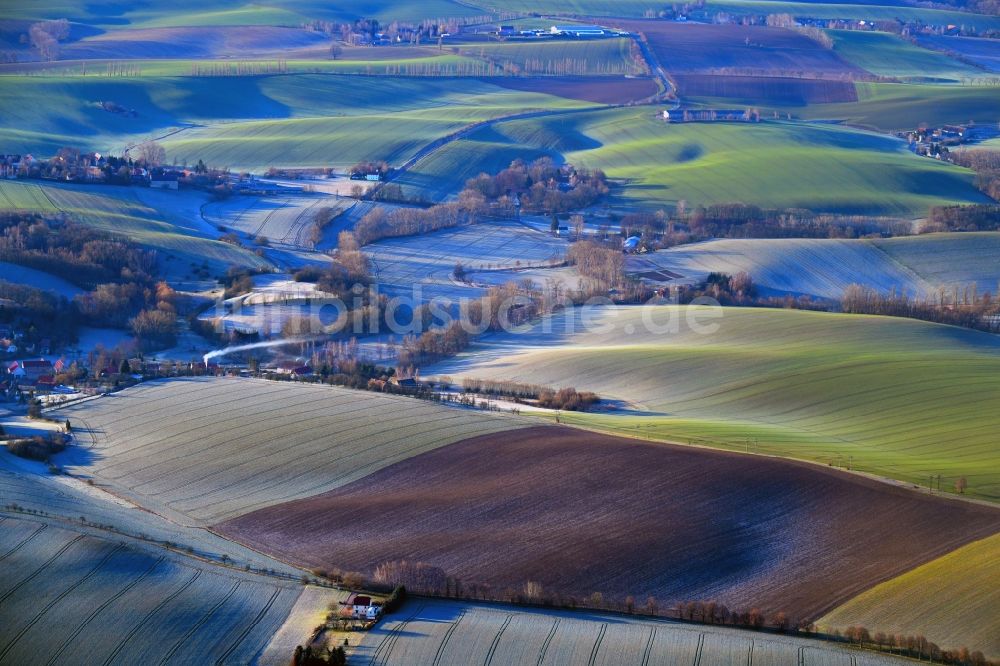 Luftbild Paltzschen - Rauhreif über den Hügeln landwirtschaftlicher Feldern in Paltzschen im Bundesland Sachsen, Deutschland