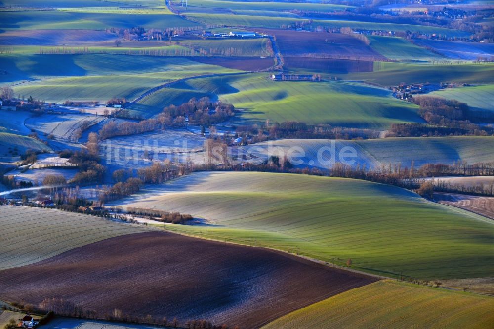 Paltzschen von oben - Rauhreif über den Hügeln landwirtschaftlicher Feldern in Paltzschen im Bundesland Sachsen, Deutschland