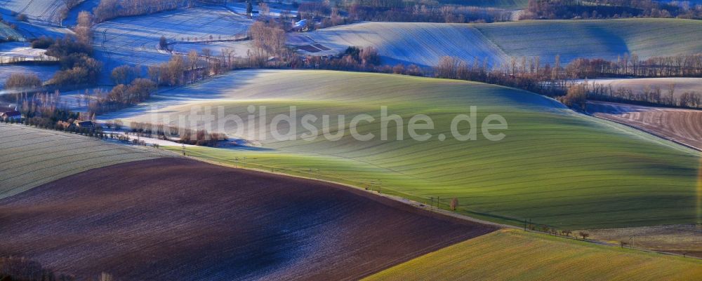 Paltzschen aus der Vogelperspektive: Rauhreif über den Hügeln landwirtschaftlicher Feldern in Paltzschen im Bundesland Sachsen, Deutschland