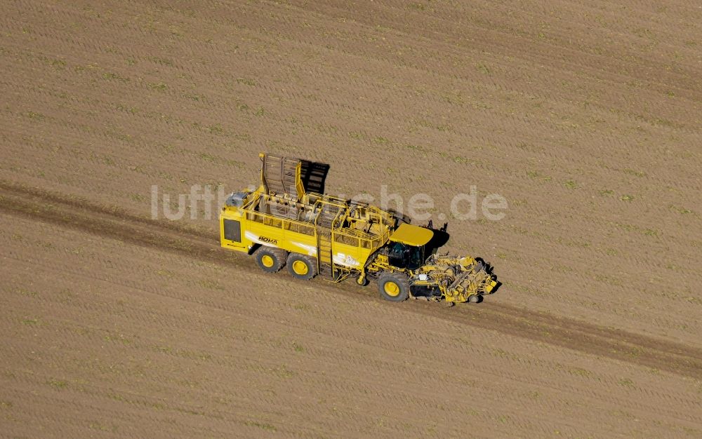 Luftaufnahme Gleichen - Rübenernte auf landwirtschaftlichen Feldern in Gleichen im Bundesland Niedersachsen, Deutschland