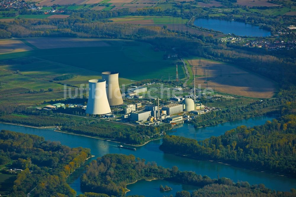 Luftbild Philippsburg - Reaktorblöcke und Anlagen des AKW - KKW Kernkraftwerk in Philippsburg im Bundesland Baden-Württemberg, Deutschland