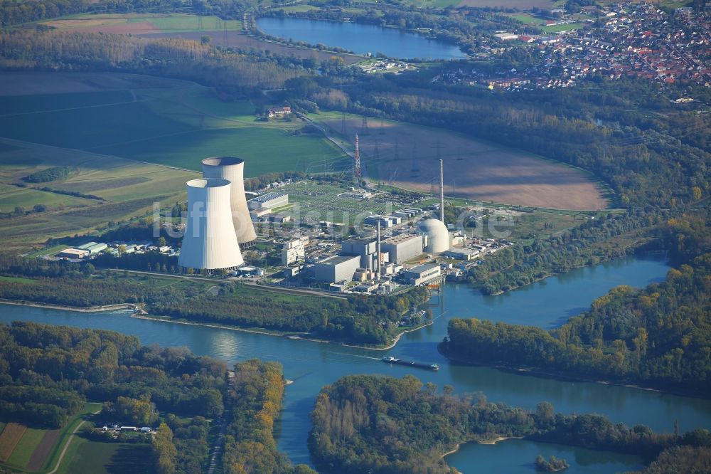 Philippsburg von oben - Reaktorblöcke und Anlagen des AKW - KKW Kernkraftwerk in Philippsburg im Bundesland Baden-Württemberg, Deutschland
