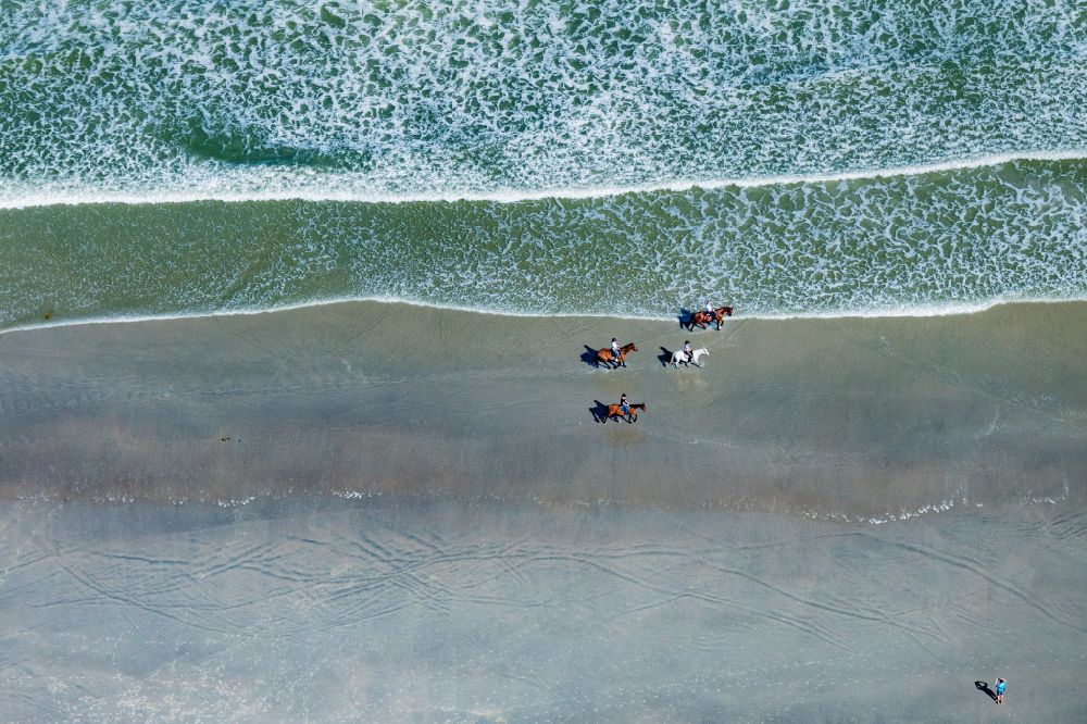 Luftbild Norderney - Reiter mit ihren Pferden im Wasser und am Sandstrand-des Nordstrandes der Insel Norderney im Bundesland Niedersachsen, Deutschland